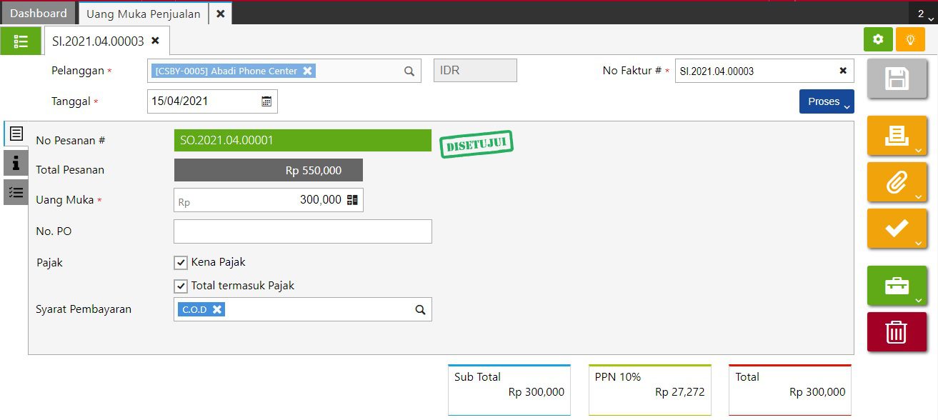fitur uang muka penjualan accurate online